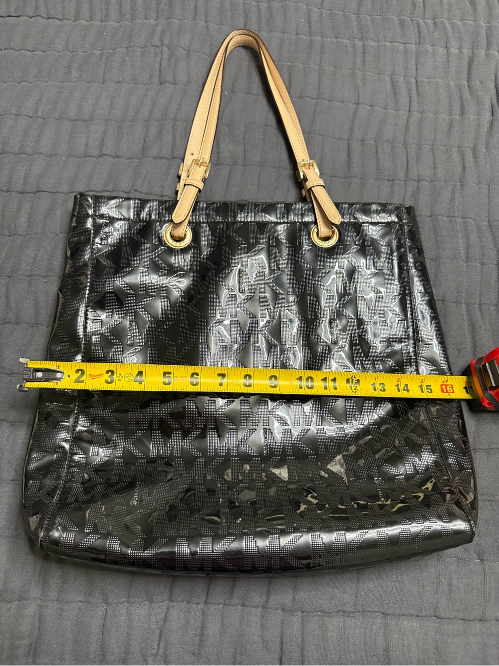 Michael Kors Black Patent Logo Tote with Tan Handles and Gold Hardware